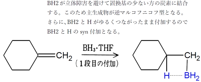 アルケン　ボランBH3の付加（ヒドロホウ素化）　逆マルコ,シン付加　84回問7c